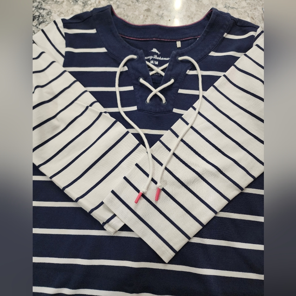 Tommy Bahama Navy & White Striped Lace-Up Top - Picture 6 of 7